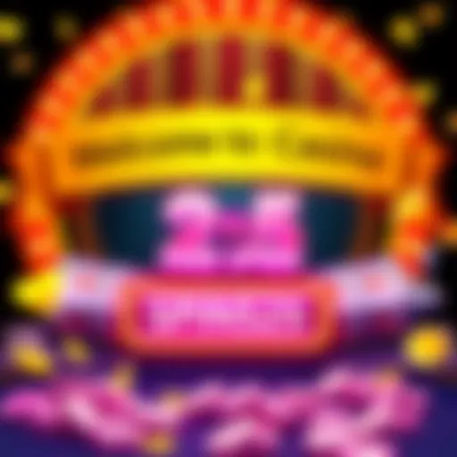 A colorful graphic showcasing a casino theme with a banner that reads 25 Free Spins and a promo code SPINS25 surrounded by slot machine icons and coins.