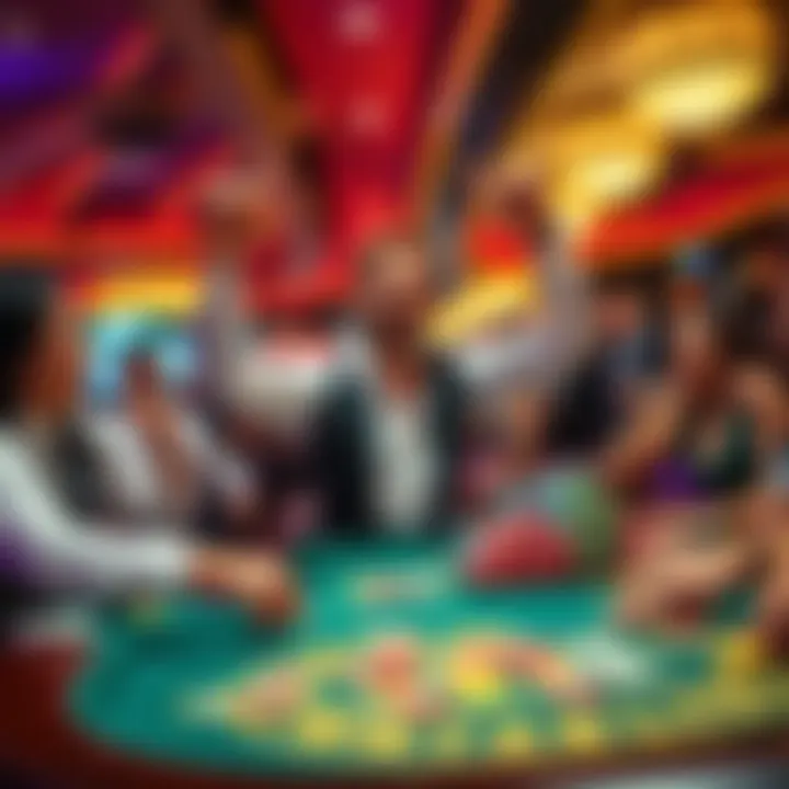 A player celebrating a big win at a casino table with chips and a smile, surrounded by excited dealers and a vibrant atmosphere.