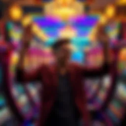 A person celebrating their $16,000 casino win with a bright smile and cash in hand, surrounded by colorful slot machines.