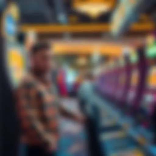 A surprised gambler stands at a casino slot machine after winning a large sum, while a casino staff member gestures for them to leave. Bright lights and slot machines fill the background.