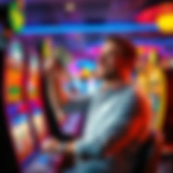 A happy casino player celebrating their big win with money in hand at a slot machine