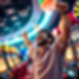 A joyful player celebrating a win at a casino, surrounded by bright lights and slot machines.