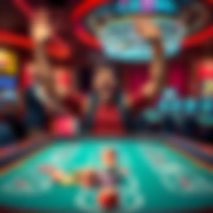 Casino Winner Celebrating A thrilled player celebrating a big win at the craps table in a vibrant casino setting, surrounded by colorful chips and dice.