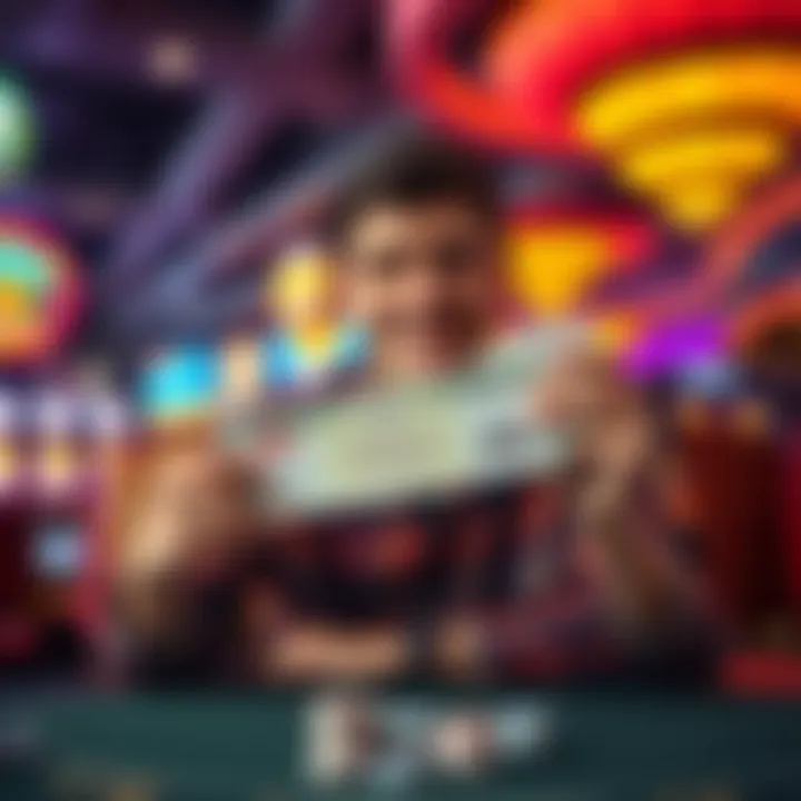 Casino Winnings A happy gambler showcasing winning tickets from a casino with a cash prize in hand, sitting at a gaming table in a vibrant casino environment.