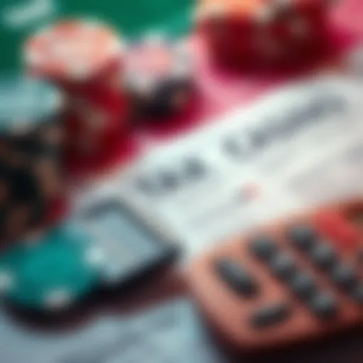 Close-up of gambling chips and tax forms with a calculator, representing tax responsibilities on casino winnings in Canada
