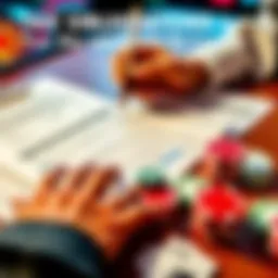 A person filling out tax forms with casino chips and money on the table