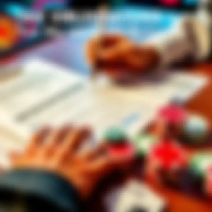 A person filling out tax forms with casino chips and money on the table