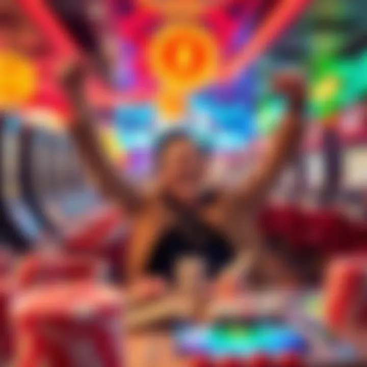 A joyful player celebrating at a casino with stacks of cash and colorful slot machines in the background.