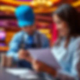 A casino employee assisting a foreign player with their ITIN application paperwork, highlighting support for tax benefits in Las Vegas casinos.