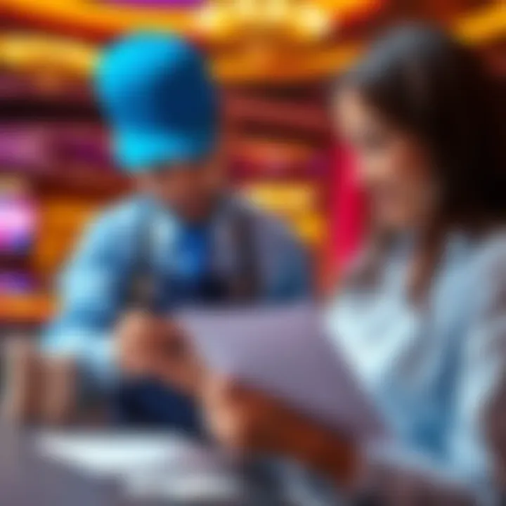 A casino employee assisting a foreign player with their ITIN application paperwork, highlighting support for tax benefits in Las Vegas casinos.