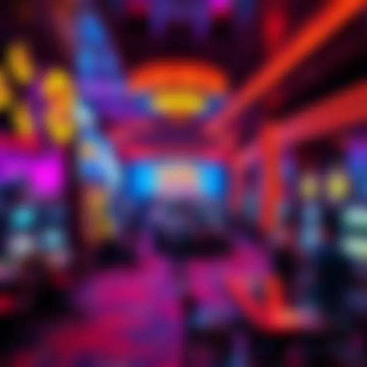 A view of a bustling casino with bright lights and people playing various games.