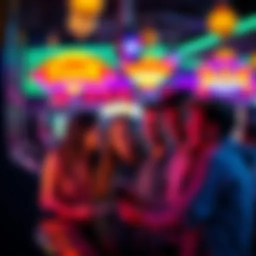 A group of young adults enjoying gaming at a casino with colorful lights and slot machines