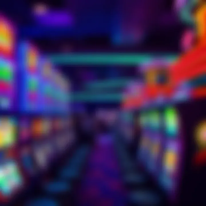 A vibrant casino floor featuring colorful slot machines with bright lights and a crowd of excited players
