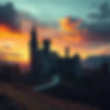 A crumbling castle surrounded by a melancholic sunset, symbolizing loss and change