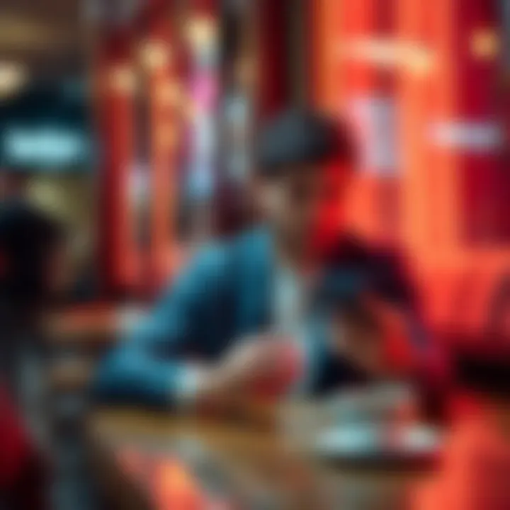 A person focused on their phone, placing a casual bet while sitting at a café, with a coffee cup nearby.