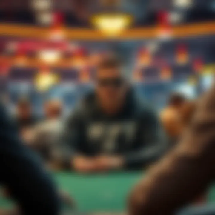 A person wearing a WPT hoodie, sunglasses, and casual attire sitting at a poker table, looking out of place among other players in more formal clothing.