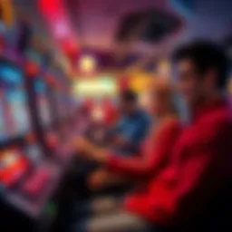 Group of casual gamblers enjoying slot machines and blackjack at an online casino on mobile devices with cryptocurrency visuals in the background