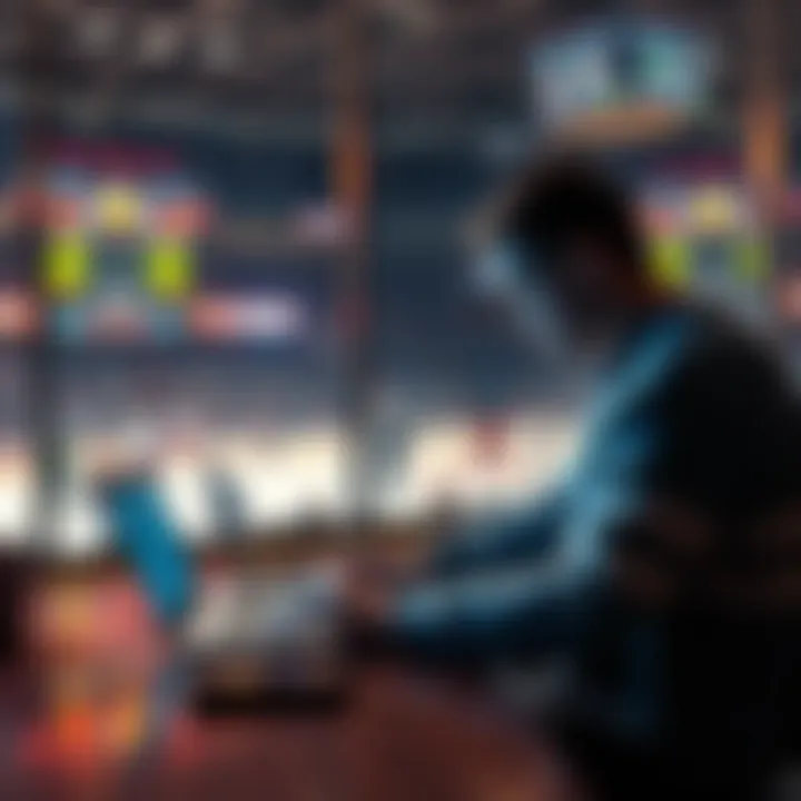 A person sitting at a table with a laptop, looking at hockey statistics and player profiles while placing bets.