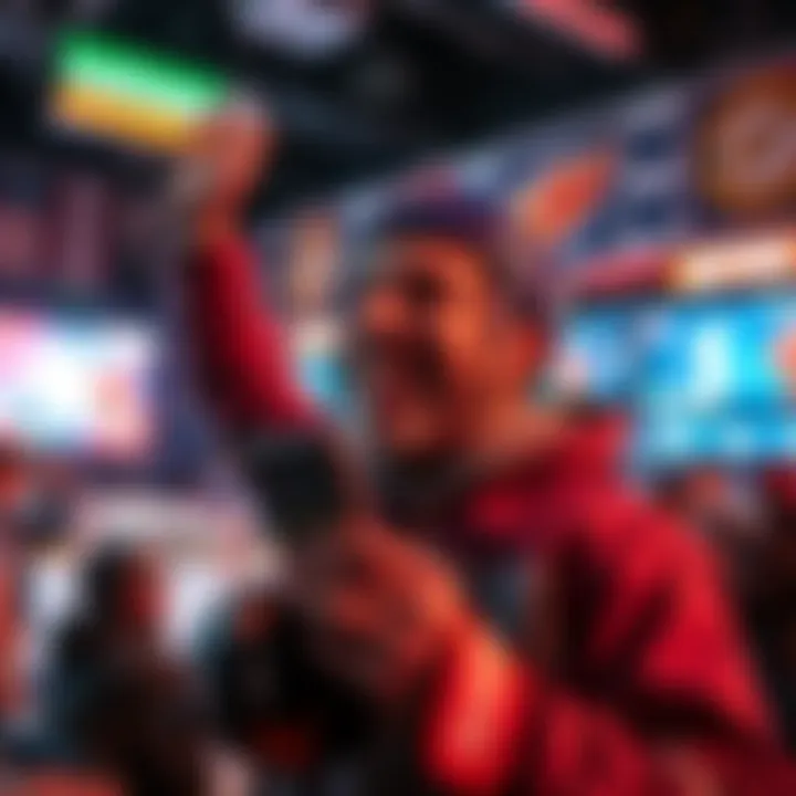 A casual hockey fan smiles and celebrates after winning a bet using a betting app, surrounded by hockey memorabilia.