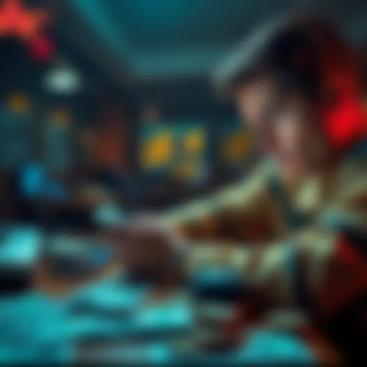 A person looking at their phone with a worried expression while studying betting information on a table filled with money and betting slips.