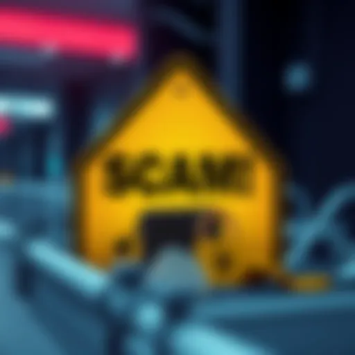A caution sign warning people about fraud related to buying stake accounts, with an image of a wallet and money being protected
