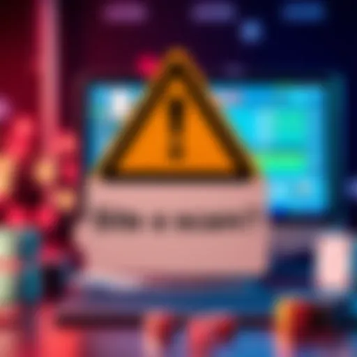 A caution sign warning about online gambling risks, with a background of a computer and gambling icons like dice and cards