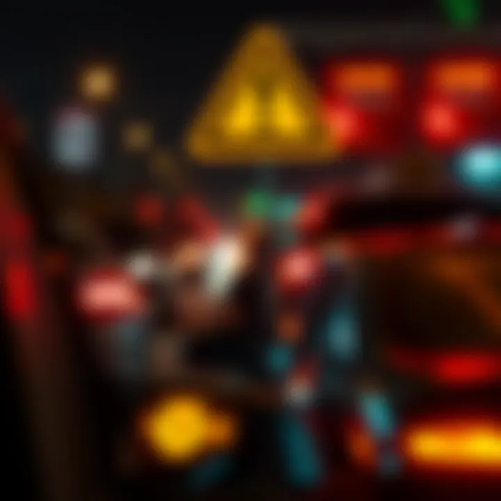 A bright yellow caution sign indicating potential dangers, with an image of a person tailing a vehicle in a risky scenario.