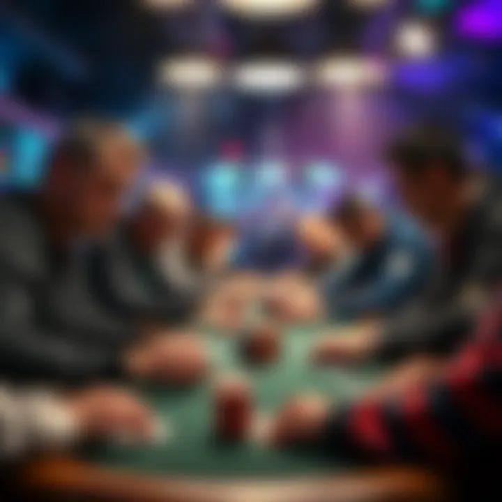 Cautious Poker Players A group of poker players looking tense and focused around a table, showing a cautious atmosphere during a game.