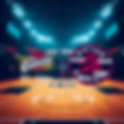 A basketball court showcasing the Cavaliers and Raptors logos with betting odds displayed