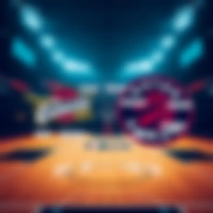 A basketball court showcasing the Cavaliers and Raptors logos with betting odds displayed