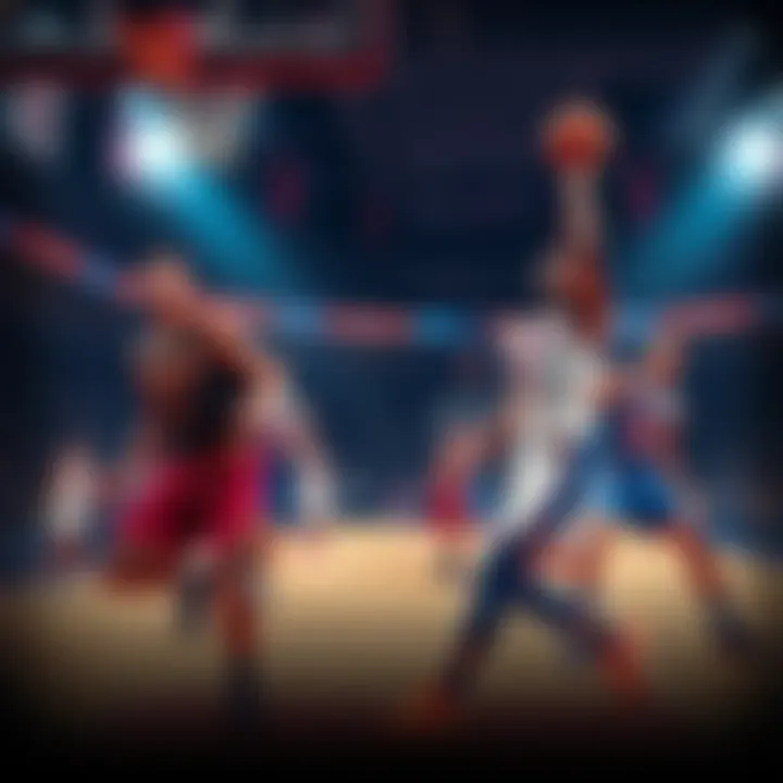 Cavs and Knicks basketball players competing during a game, highlighting scoring action and excitement