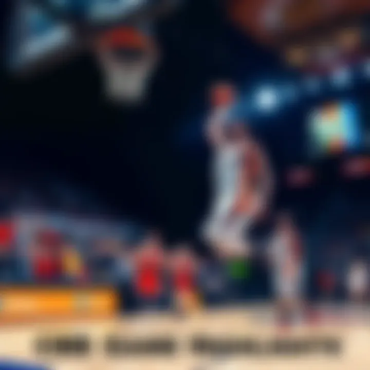 CBB Game Highlights A basketball player making a dramatic layup during a close college basketball game with fans cheering in the background