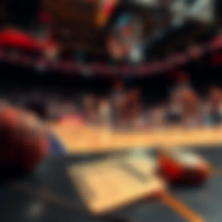 Basketball court with players in action and betting slips on a table, representing CBB parlay predictions for December 13.