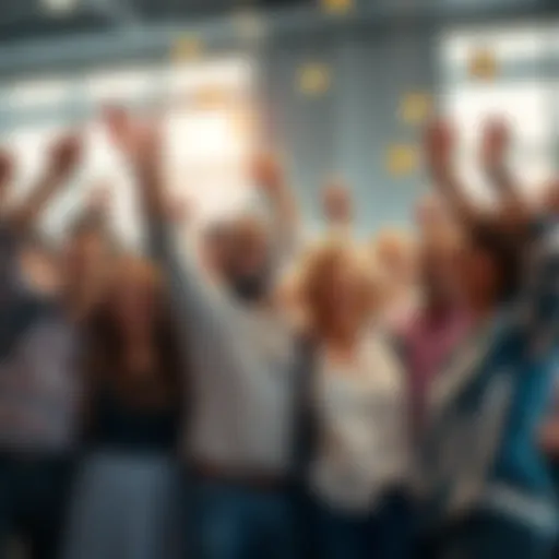 Group of people joyfully celebrating after receiving large bonuses at work