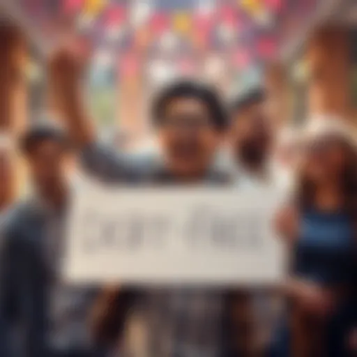 A person joyfully holding a debt-free sign, surrounded by supportive friends and family, symbolizing achievement and celebration.