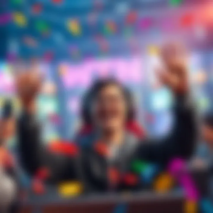 A happy gamer celebrating a big win with a joyful expression and hands raised in excitement, surrounded by colorful gaming graphics and confetti.