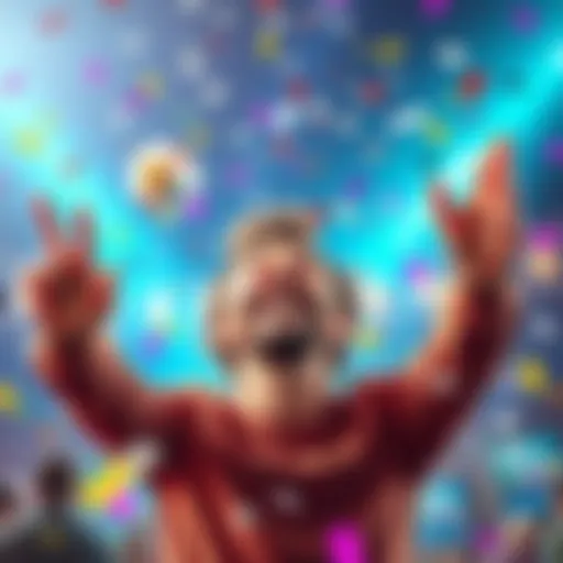 A person smiling and celebrating a Keno win with arms raised, surrounded by confetti and colorful lights.