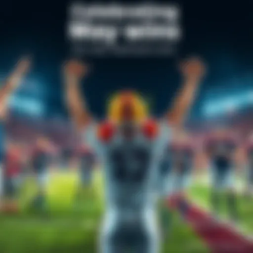 A player celebrating a victory with arms raised in excitement, surrounded by teammates on a sports field, with a vibrant atmosphere and team colors in the background.