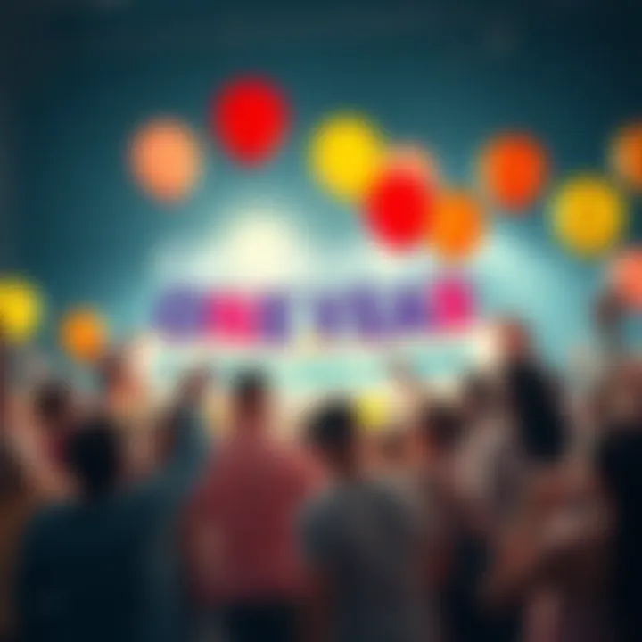 A joyful gathering of people celebrating one year without gambling, holding banners and balloons, showing excitement and gratitude.