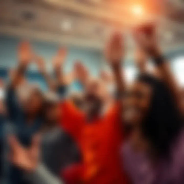 A group of diverse people cheering and celebrating small victories with smiles and raised hands in a bright, positive setting.