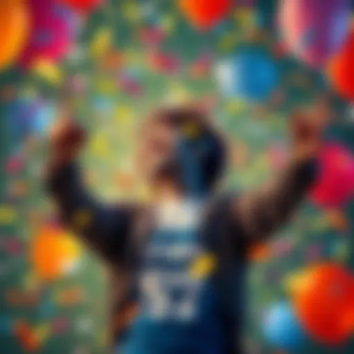 Celebrating 57K Achievement A person celebrating their achievement of reaching 57,000 on Hot Ross with excitement and joy, surrounded by confetti and balloons.