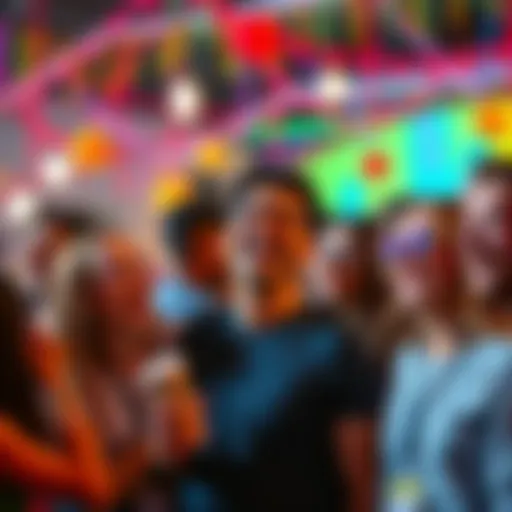 A group of happy people laughing and enjoying a fun event centered around LOL culture, with colorful decorations in the background