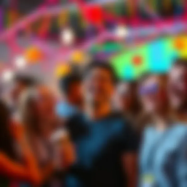 A group of happy people laughing and enjoying a fun event centered around LOL culture, with colorful decorations in the background