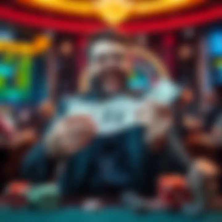 A happy gambler holding cash with a joyful expression, surrounded by casino elements like chips and dice, symbolizing a victory.