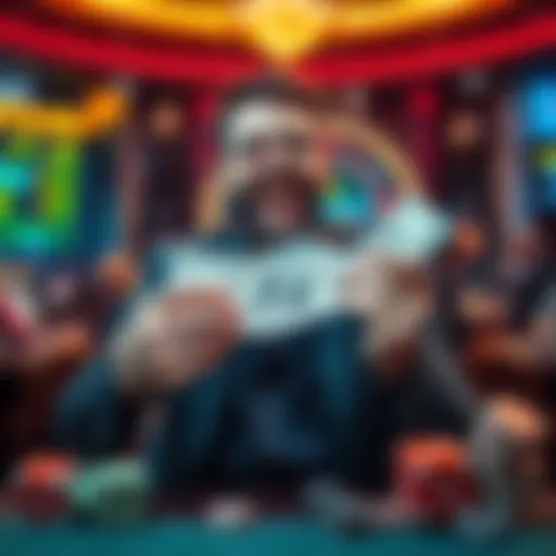 Celebrating a Big Win A happy gambler holding cash with a joyful expression, surrounded by casino elements like chips and dice, symbolizing a victory.