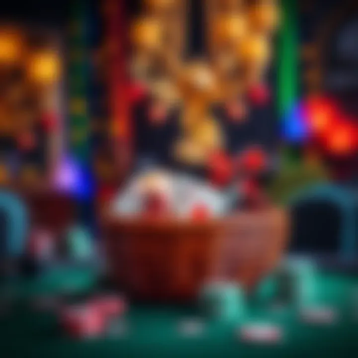 A colorful congratulatory gift basket with poker-themed items to celebrate a friend's poker achievement