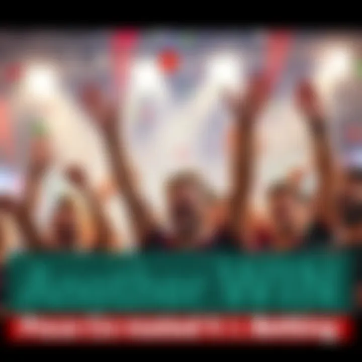 A group of happy people raising their hands in celebration after winning a bet, showing excitement and joy, with confetti falling around them.