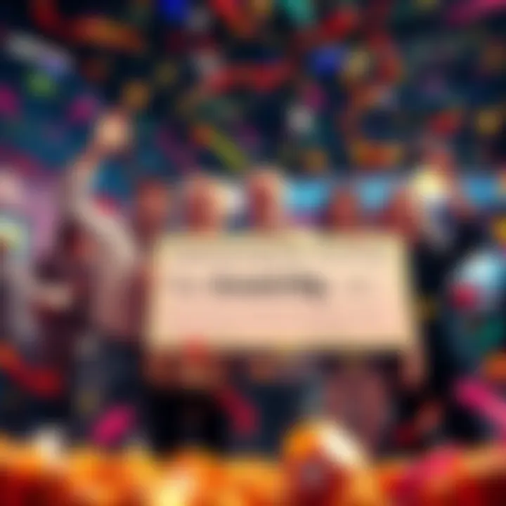 A group of friends joyfully celebrating after hitting a jackpot, surrounded by confetti and smiles, with a big check in hand