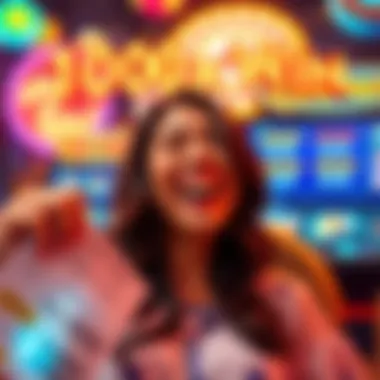 A person smiling while holding a cash-out receipt, with gaming symbols in the background and bonus notifications visible on a screen.