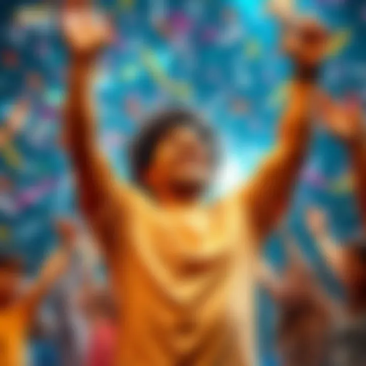 A person joyfully celebrating their first significant achievement with raised arms and a big smile, surrounded by confetti and friends